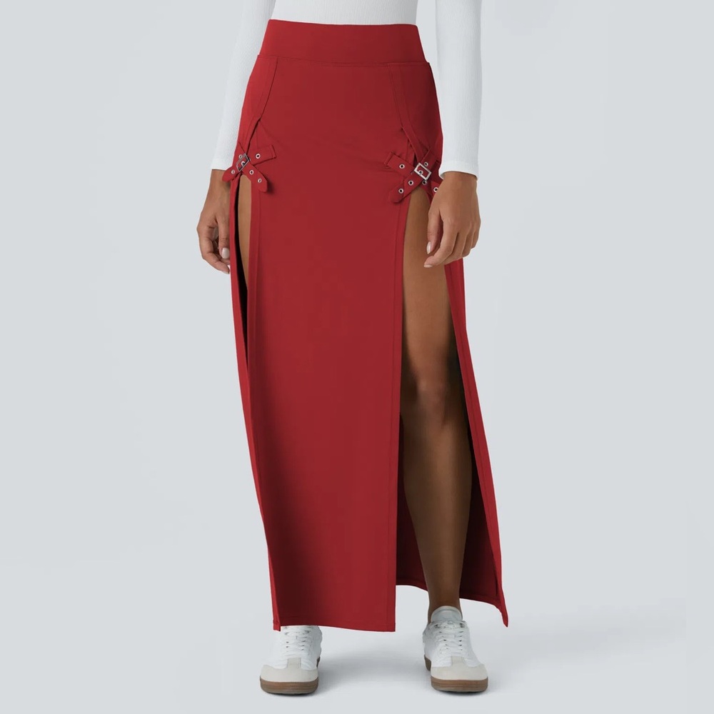 Halara High-Waisted Decorative Buckle 2-in-1 Maxi Casual Skirt – Red – XS